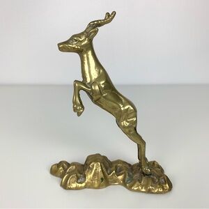 Antelope Gazelle Sculpture Brass Jumping Galloping Vtg Gold Colored Animal